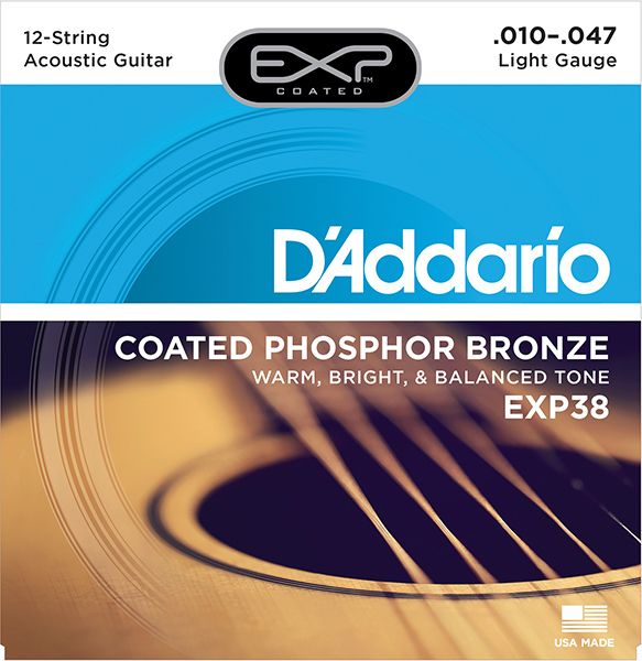 EXP38 Coated Phosphor Bronze Комплект струн для 12-струнной гитары, ф/б, Light, 10-47, D'Addario