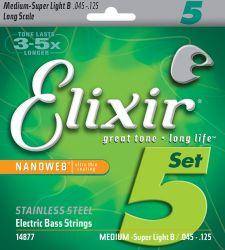 14877 NANOWEB Комплект струн для 5-струнной бас-гитары, Medium w/Super Light B, 45-125, Elixir