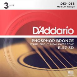 EJ17-3D Phosphor Bronze Струны для акустической гитары фосф.бронза, 3 комплекта, 13-56, D'Addario
