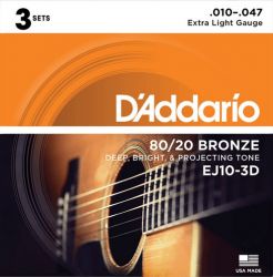 EJ10-3D Bronze 80/20 Струны для акустической гитары, бронза, 10-47, 3 комплекта, D'Addario