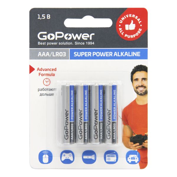 00-00015602 Super Power Alkaline Элемент питания AAA/LR03 щелочной 1.5В, 4шт, GoPower