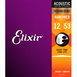 Elixir 16052 NanoWeb  струны для акустической гитары 12-53 фосфор/ бронза