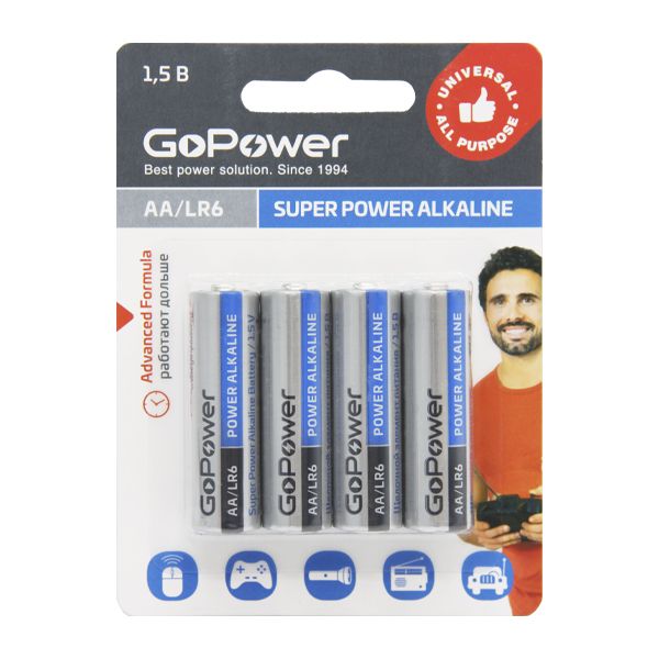 00-00015601 Super Power Alkaline Элемент питания AA/LR6 щелочной 1.5В, 4шт, GoPower