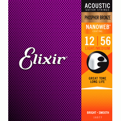 Elixir 16077 NanoWeb  струны для акустич. гитары Light-Medium 12-56, фосфор/ бронза