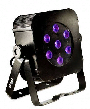 STAGG SLI FLATPAR20 - прожектор. Светодиоды: 7 х 8 Вт RGB (4 в 1). DMX-каналы: 7. Режимы управления: 4 (DMX -512, активация звуком, Master/Slave, автоматический). Угол раскрытия луча: 25 градусов. Питание: 100V ~ 240V AC, 50 ~ 60 Гц . Выходная мощность: 6