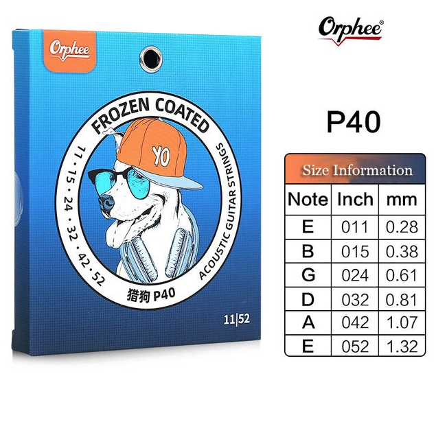 Струны для акустических фолк гитар Orphee P-40 намотка  из фосфорной бронзы с нано-замороженным покрытием, шестигранная стальная сердцевина, размер:E-1st/.011, B-2nd/.015, G-3th/.024, D-4th/.032, A-5th/.042, E-6th/.052