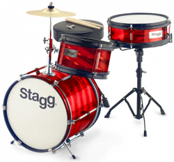STAGG TIM JR 3/12 RD Детская акустическая барабанная установка, состоит из бас-барабана 12"x10" (на 4-х лагах), тома 8" x 5" на 3-х лагах) и деревянного малого барабана 10"x4". В комплекте педаль, тарелка 8" crash, барабанные палочки, стульчик и ключ для